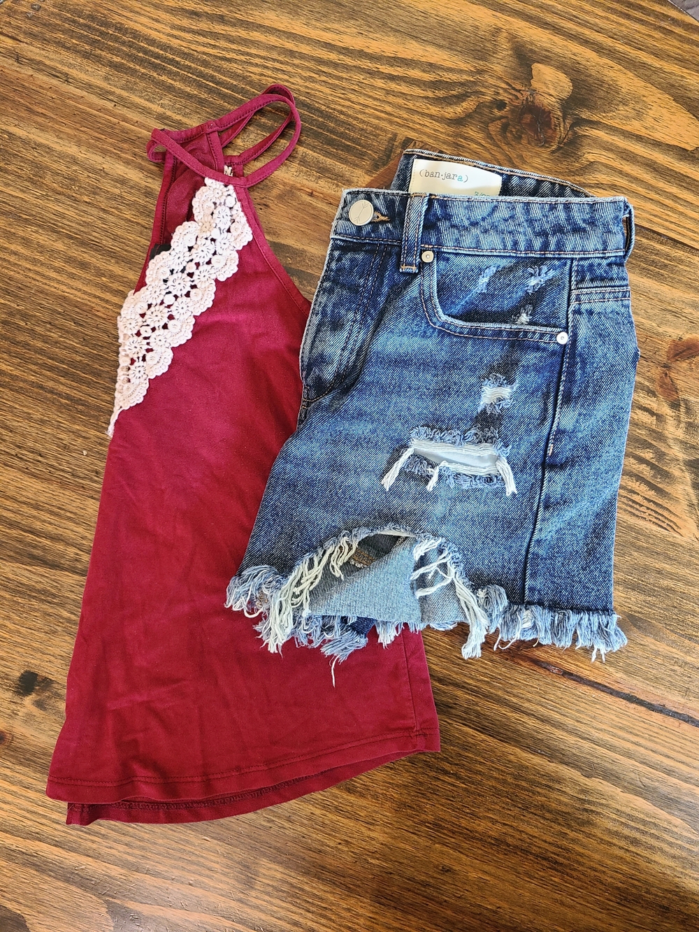 Rue21 Burgundy Lace-Trim Tank & Distressed Blue Denim Short Shorts